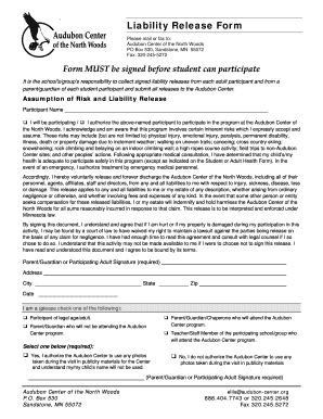 Liability Release Form - Audubon Center of the North Woods - crossroads spps