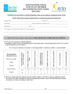 AVID Staff Member Recommendation Form