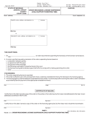 Michigan Order Rescinding License Suspension