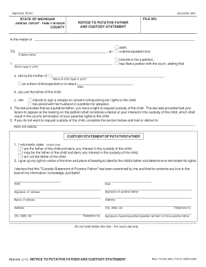 Michigan Notice to Putative Father and Custody Statement