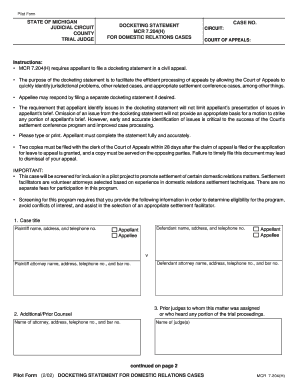 Michigan Docketing Statement for Domestic Relations Cases