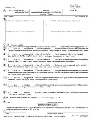 Michigan Answer to Damage/Health Hazard Complaint