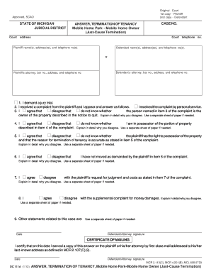Answer to Termination of Tenancy for Mobile Home Park