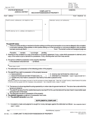 Michigan Complaint to Recover Possession of Property