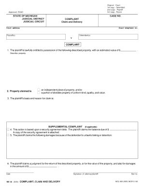 Michigan Complaint Claim and Delivery