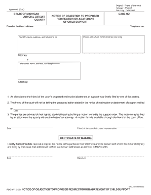 Notice of Objection to Proposed Redirection or Abatement of Child Support