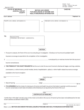 Motion and Order for Disclosure of Income and Health Insurance Information