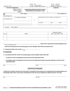 Michigan Order Regarding Destruction of Fingerprints and Arrest Card