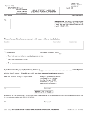 Michigan Notice of Intent to Escheat Unclaimed Property