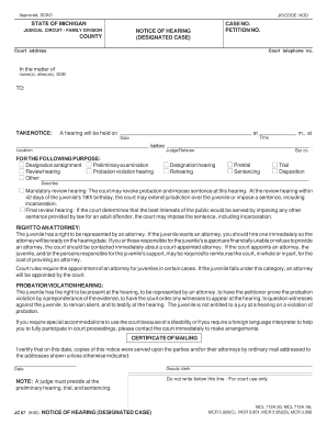Michigan Notice of Hearing for Juvenile Cases