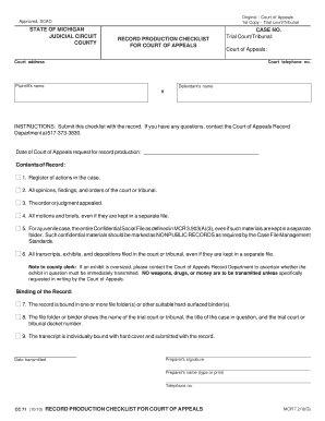 Michigan Court of Appeals Record Production Checklist