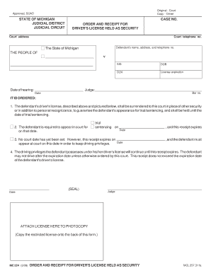 Michigan Driver's License Order and Receipt