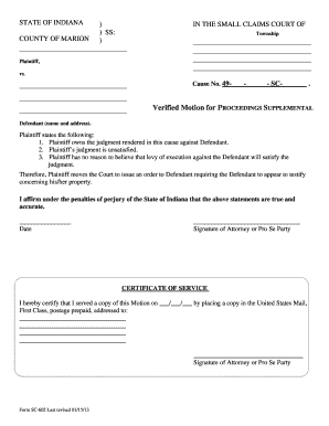 Indiana Small Claims Court Motion for Proceedings Supplemental