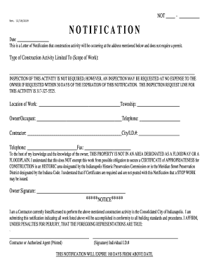 This is a Letter of Notification that construction activity will be occurring at the address mentioned below and does not require a permit - indygov
