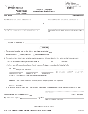 Michigan Affidavit and Order for Suspension of Fees/Costs