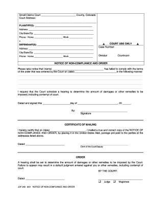 Colorado Small Claims Court Notice of Non-Compliance