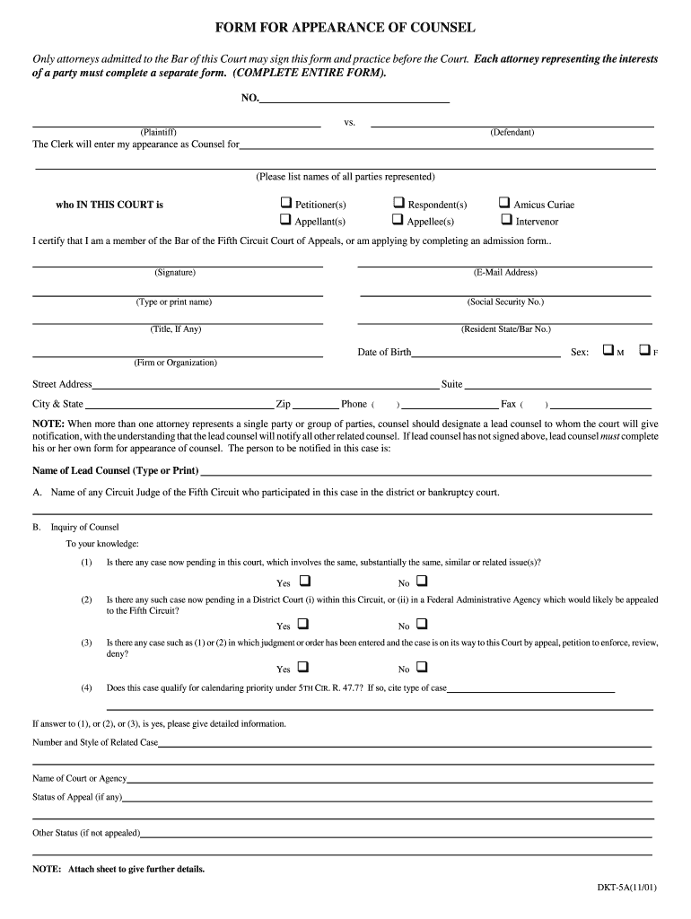 Fillable Online FORM FOR APPEARANCE OF COUNSEL Forms Fax Email Print pdfFiller