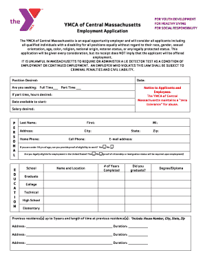 YMCA of Central Massachusetts Employment Application
