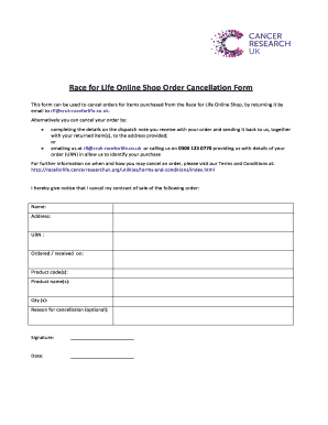 Race for Life Online Shop Order Cancellation Form