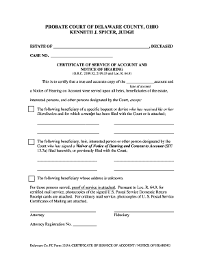 Certificate of Service of Account and Notice of Hearing