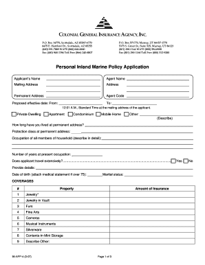Personal Inland Marine Policy Application