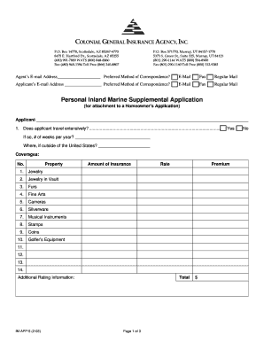 Personal Inland Marine Supplemental Application