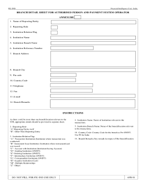 FIU-IND Financial Intelligence Unit Branch Detail Sheet