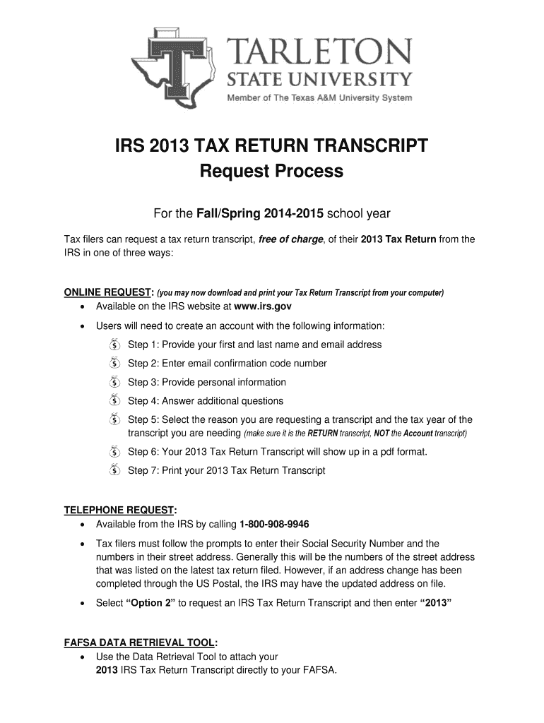 Fillable Online IRS 2013 TAX RETURN TRANSCRIPT Fax Email Print - pdfFiller
