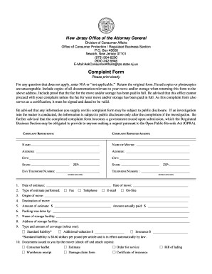 New Jersey Moving Complaint Form