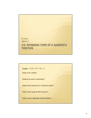Algebra 2 Standard Form of a Quadratic Function Worksheet