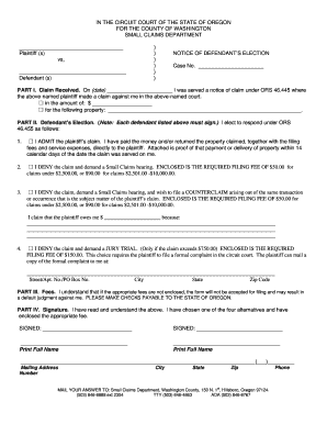 Oregon Small Claims Defendant's Election Form