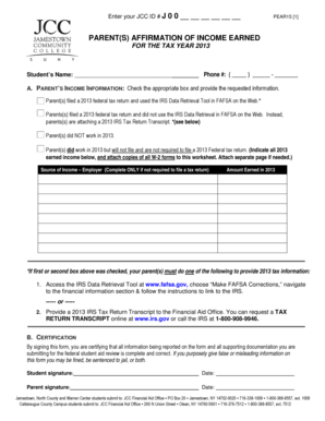 PARENT(S) AFFIRMATION OF INCOME EARNED - sunyjcc