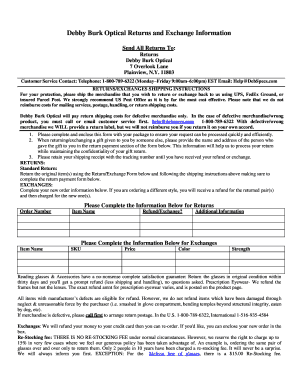 Debby Burk Optical Returns and Exchange Form