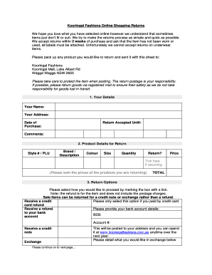 Kooringal Fashions Online Shopping Returns Form