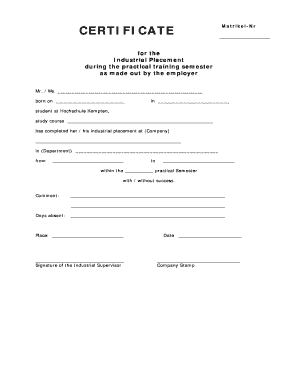 Industrial Placement Certificate