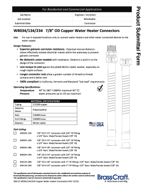 Product Submittal Form for Copper Water Heater Connectors