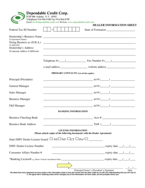 Dealer Information Sheet and Agreement