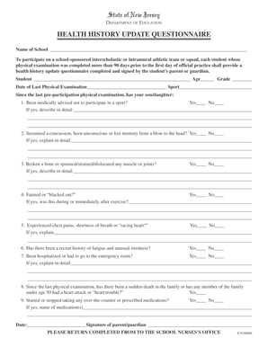 New Jersey Health History Update Questionnaire