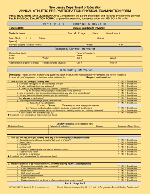 New Jersey Annual Athletic Pre-Participation Physical Examination Form