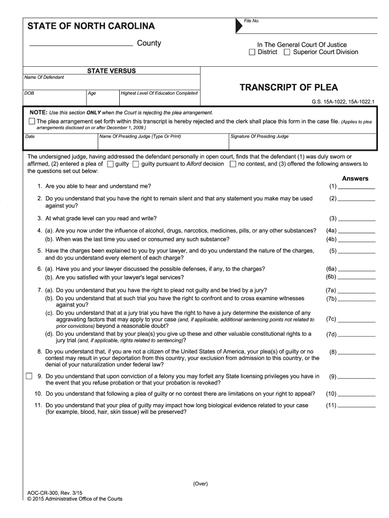 nc aoc forms plea transcript Preview on Page 1