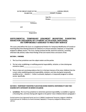 Supplemental Temporary Judgment Modifying Parenting Issues for Military Service