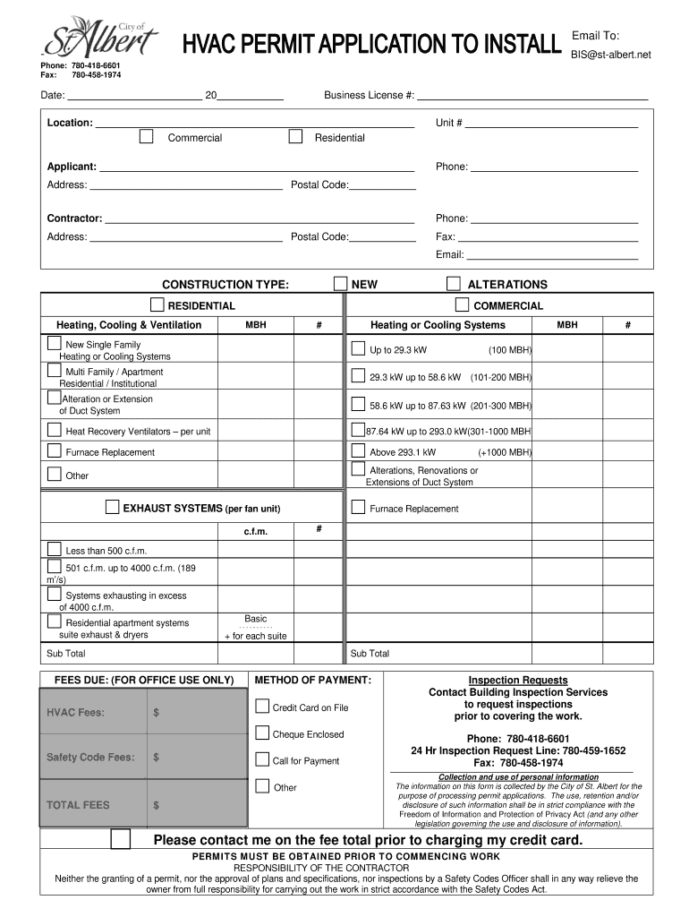 Fillable Online stalbert HVAC Permit Application 2013.pdf City of St