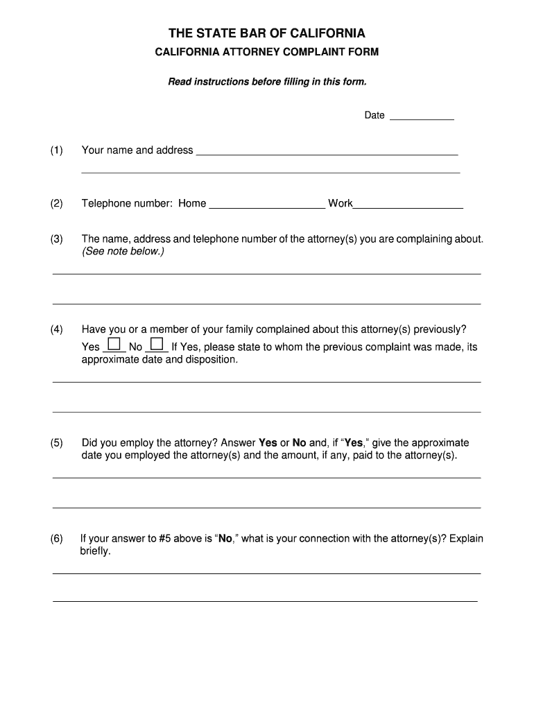 Fillable Online calbar ca Intake Complaint Form Ltr 72010.pdf The