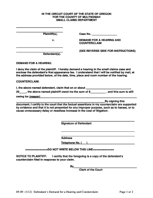 Oregon Small Claims Counterclaim Form