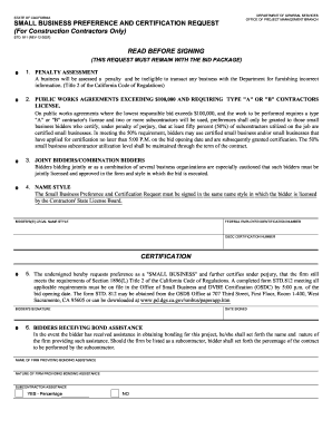 California Small Business Preference and Certification Request