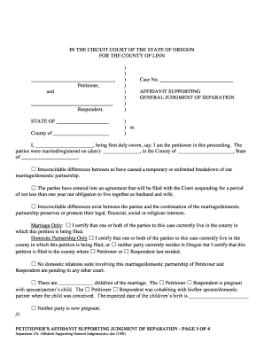 Affidavit Supporting General Judgment of Separation