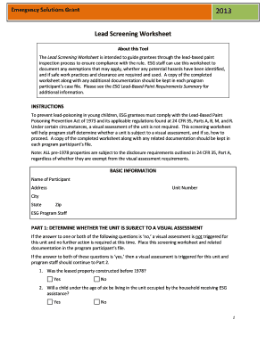 Lead Screening Worksheet