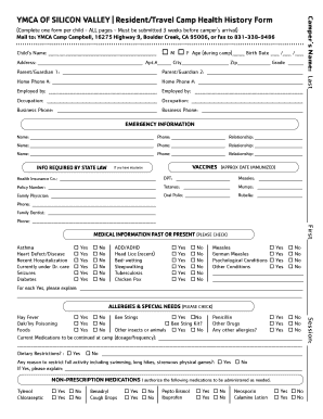 YMCA Camp Health History Form