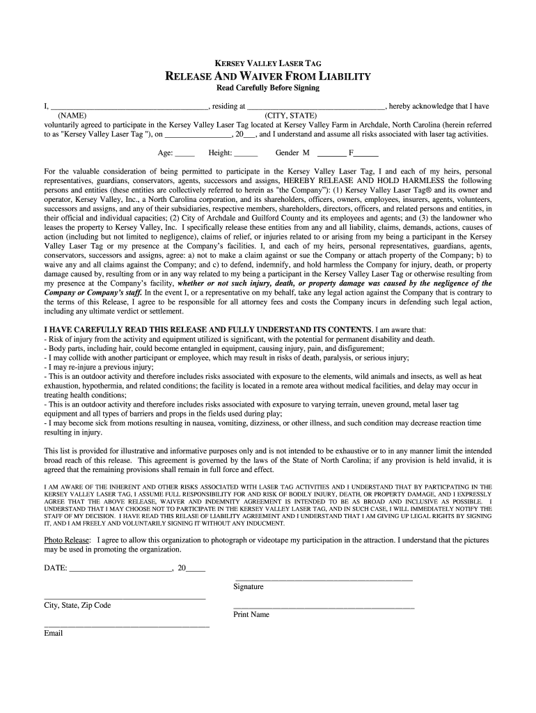 NC Kersey Valley Laser Tag Release and Waiver From Liability Fill and