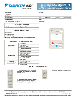 Optional Replacement Faceplate for BRC2A71 Simplified Remote Controller
